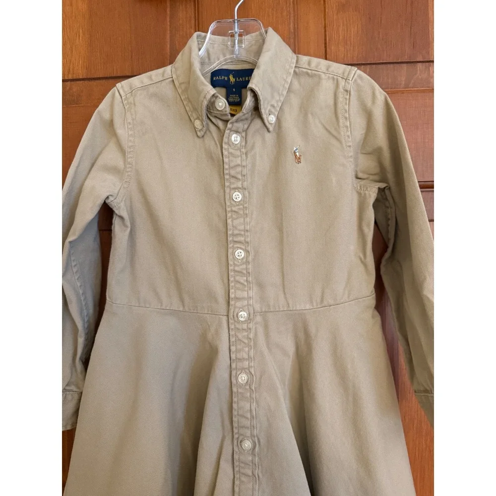 Ralph Lauren Girls Shirt Dress Size 5 Khaki Long Sleeve Button-Down Prep School
